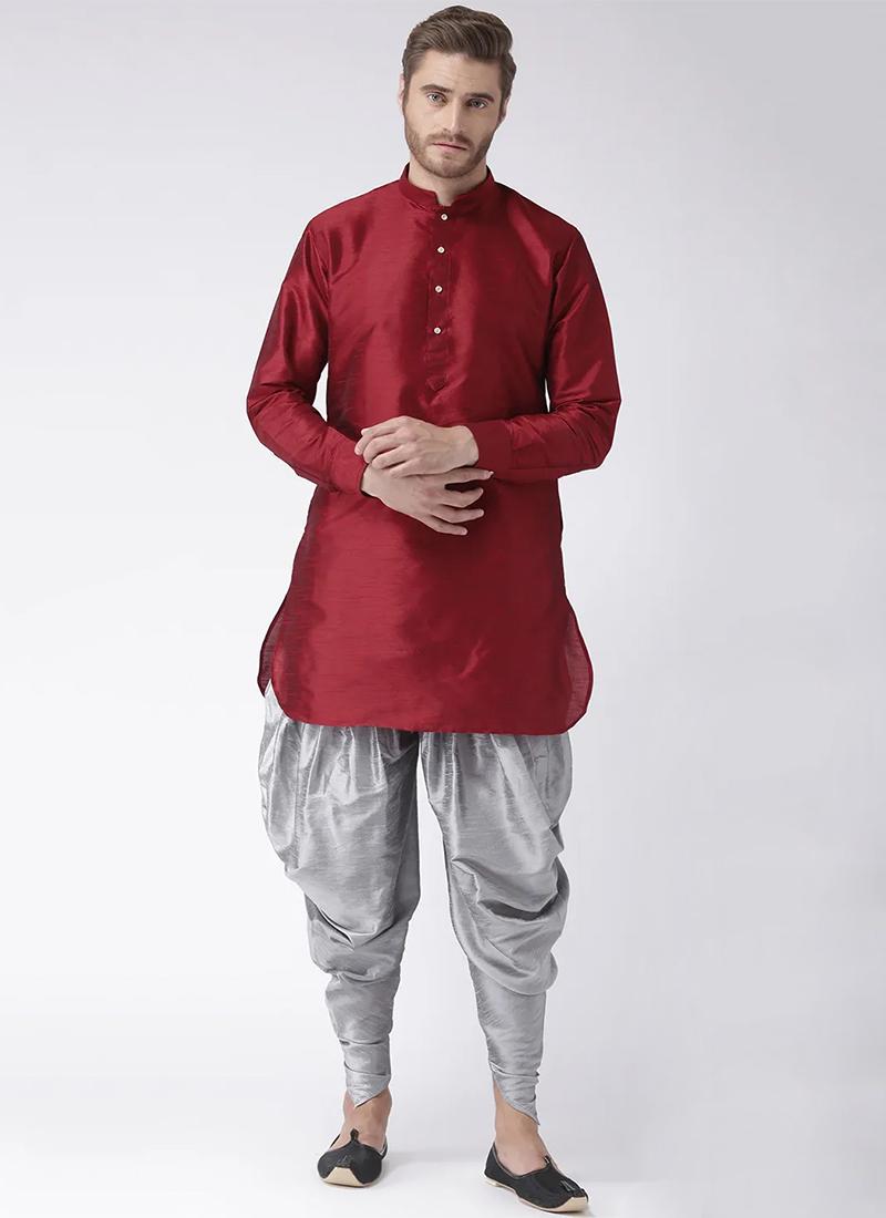Maroon Art Dupion Silk Mens Kurta Pyjama Set