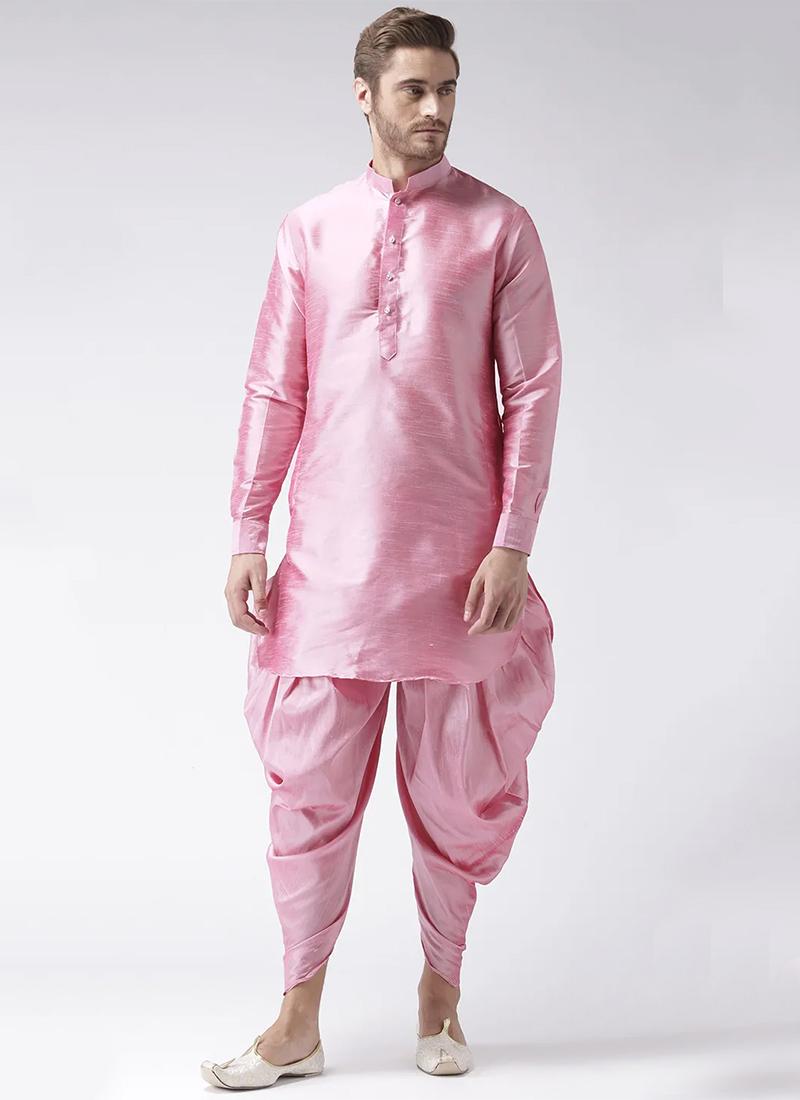 Pink Art Dupion Silk Mens Kurta Pyjama Set