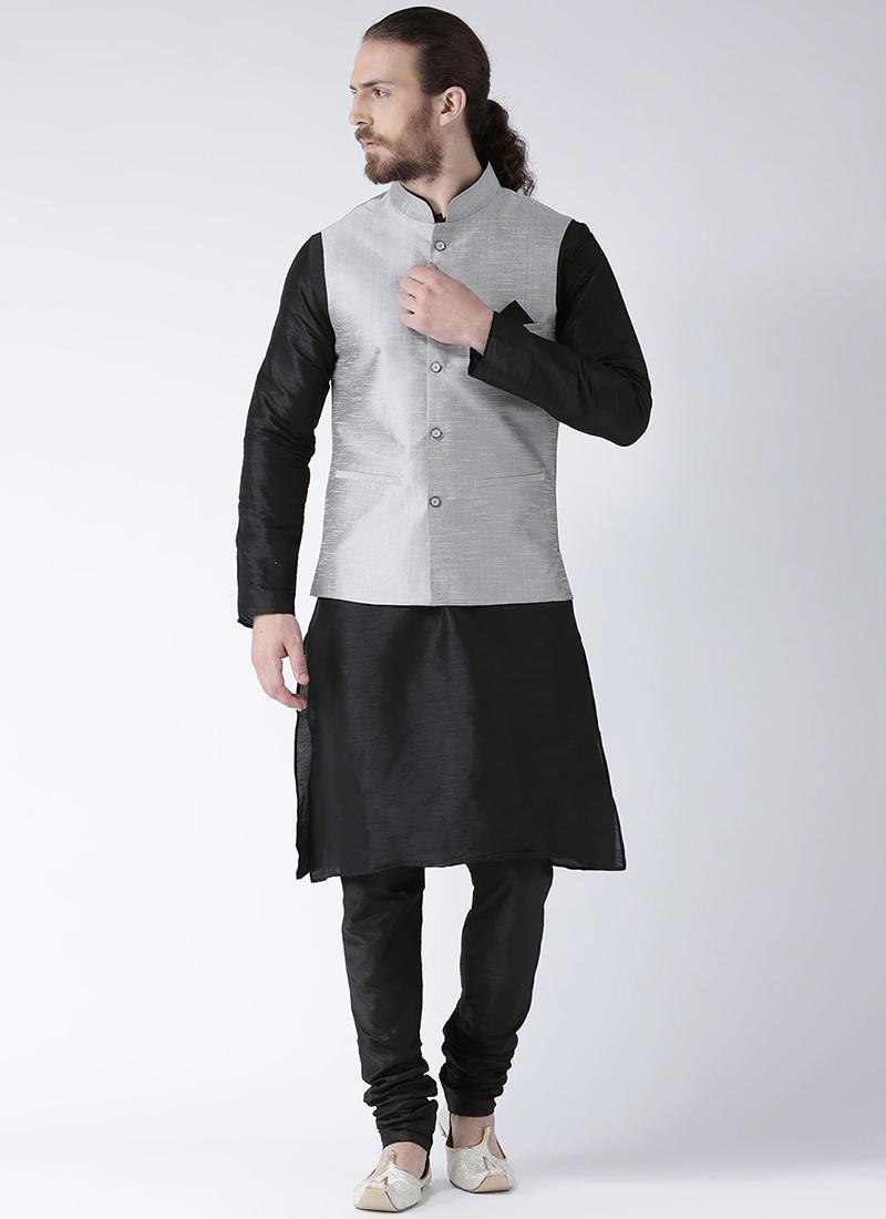 Black Art Dupion Silk Mens Kurta Set with Jacket