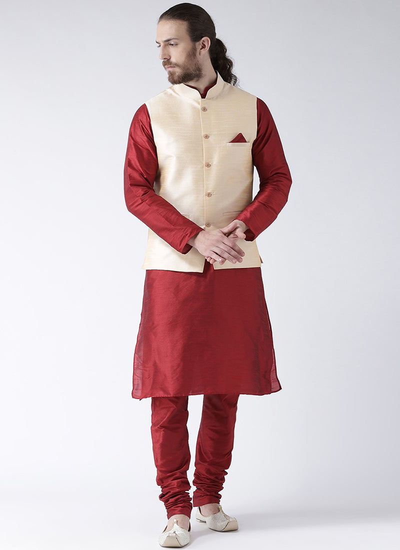 Maroon Art Dupion Silk Mens Kurta Set with Jacket