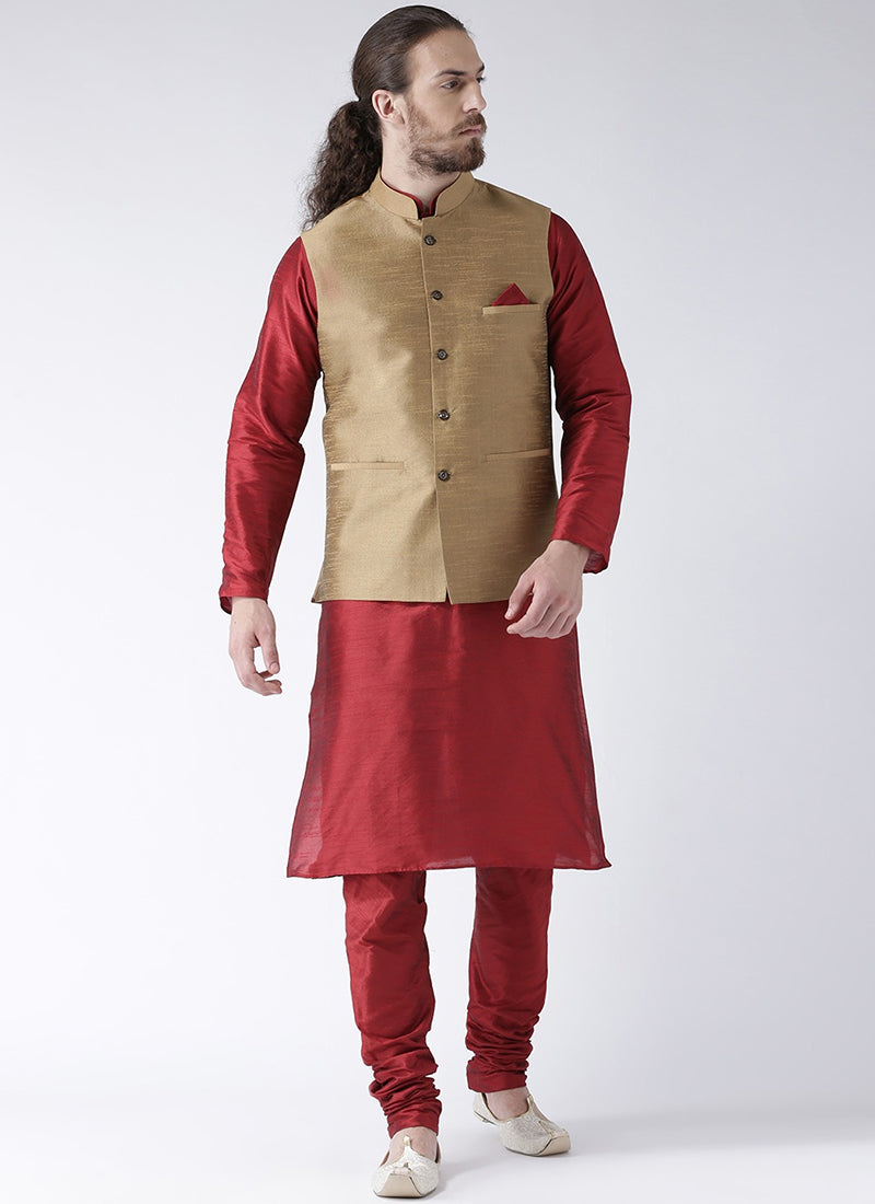 Maroon Art Dupion Silk Mens Kurta Set with Jacket