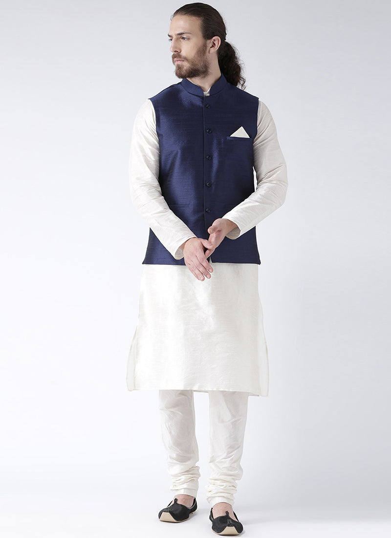 White Art Dupion Silk Mens Kurta Set with Jacket