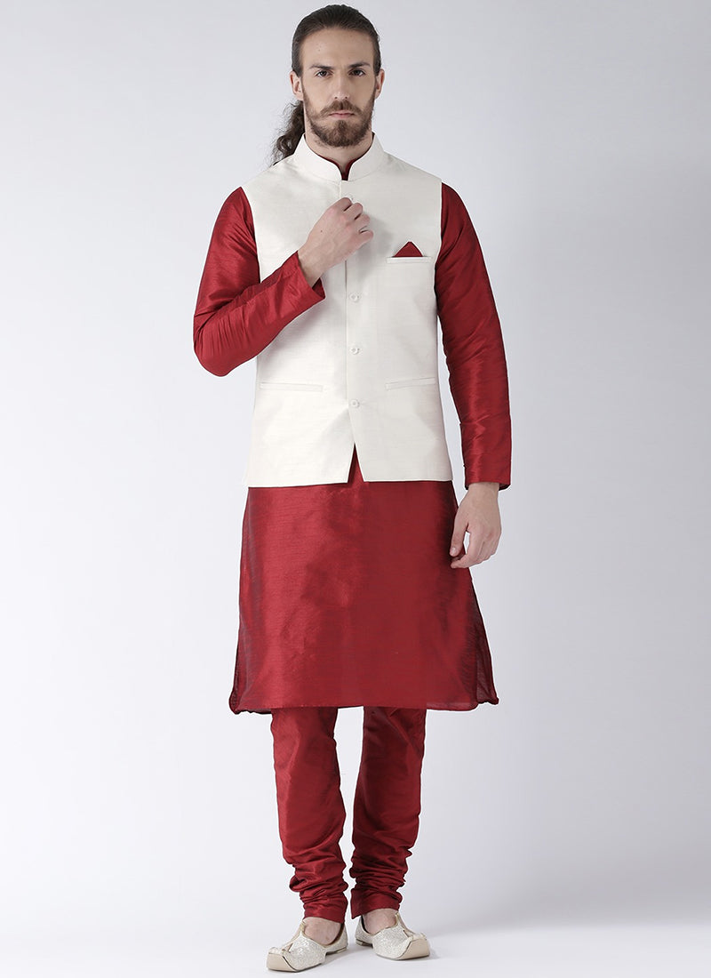 Maroon Art Dupion Silk Mens Kurta Set with Jacket