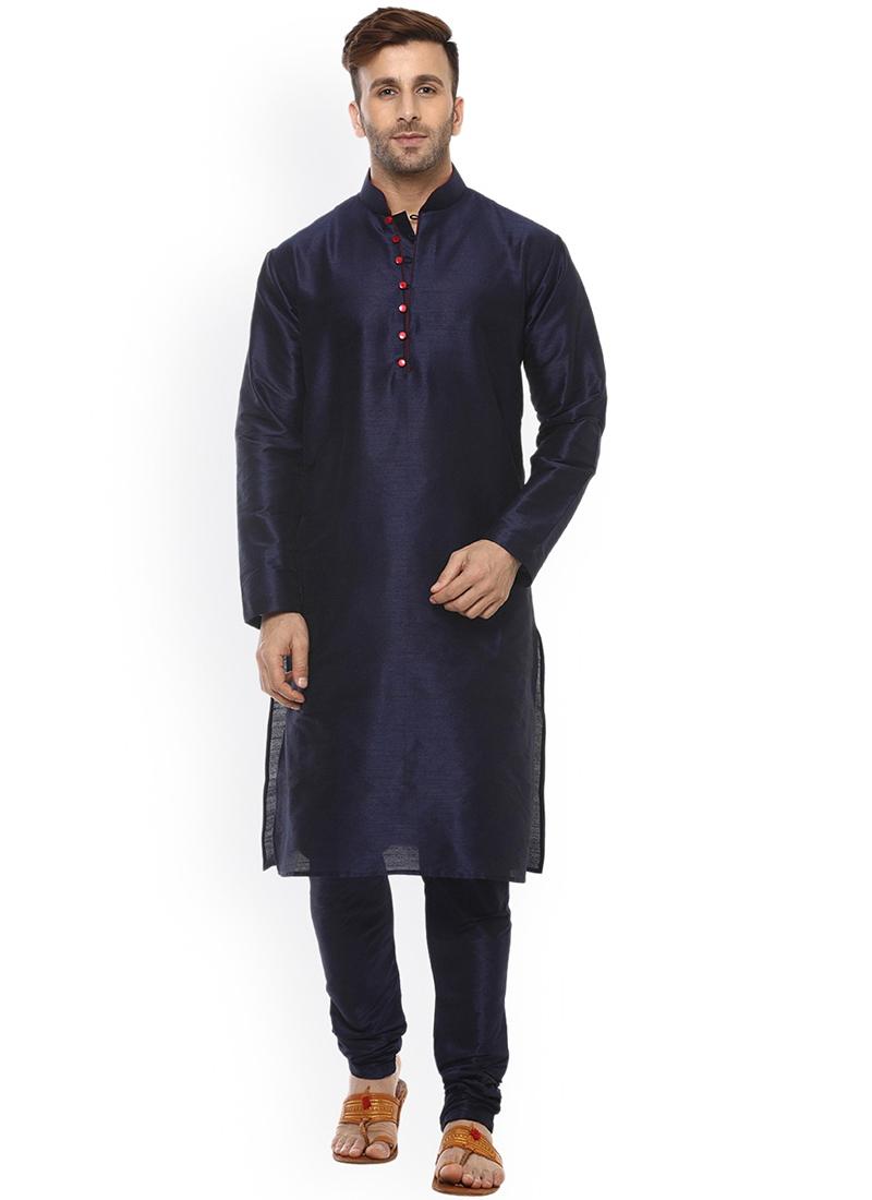 Navy Blue Dupion Silk Mens Kurta Pyjama Set