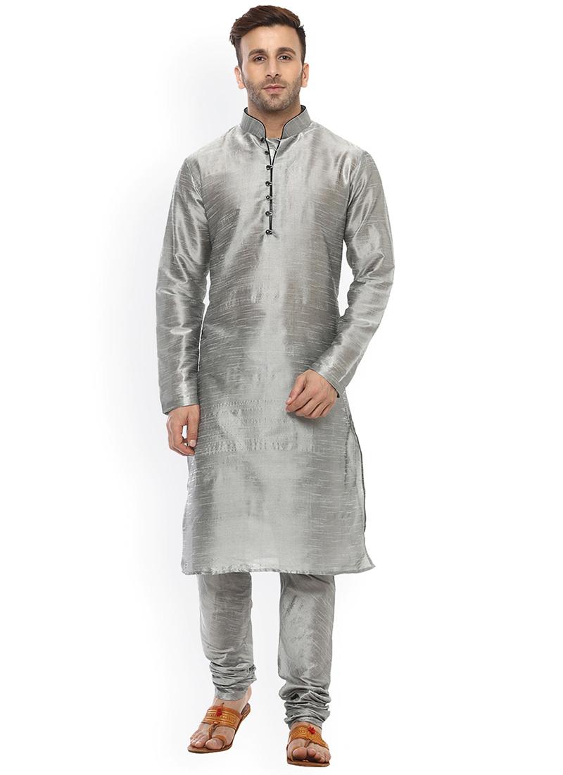 Grey Dupion Silk Mens Kurta Pyjama Set