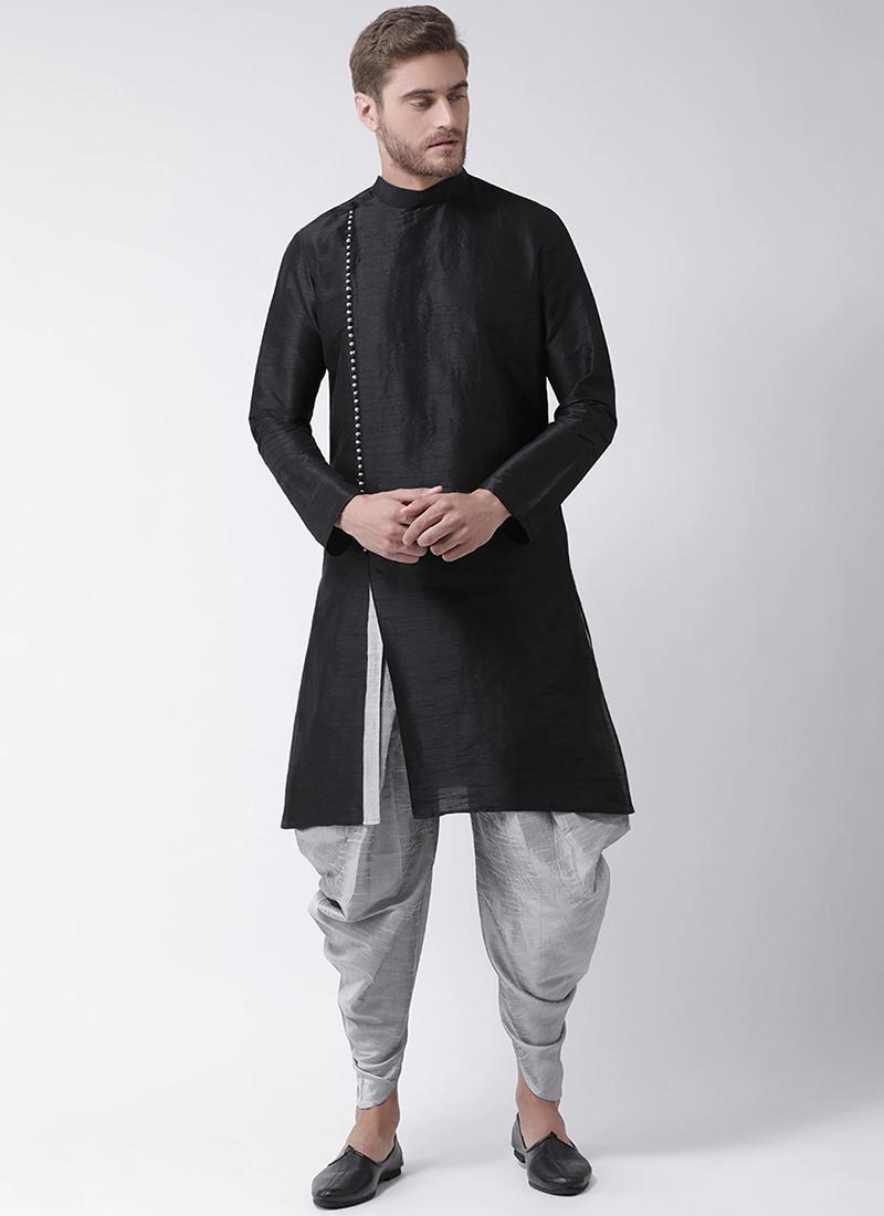 Black Dupion Silk Ready Made Mens Kurta Pyjama Set