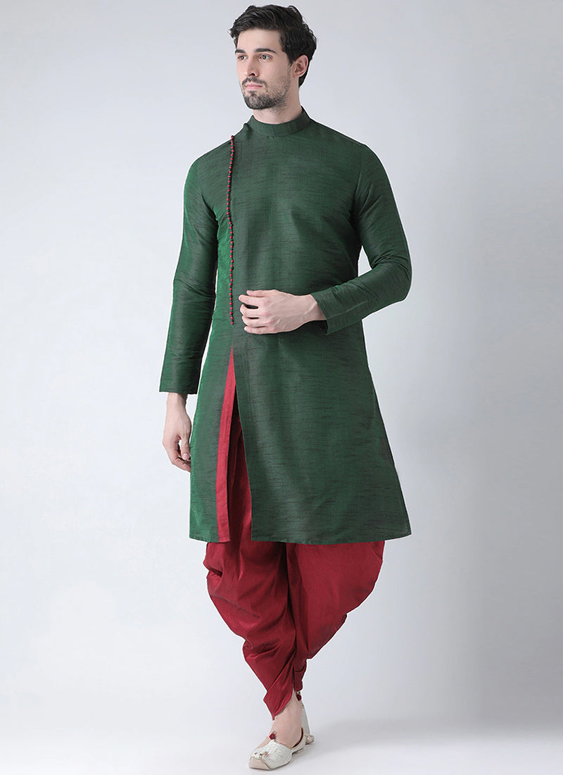 Forest Green Dupion Silk Mens Kurta Pyjama Set
