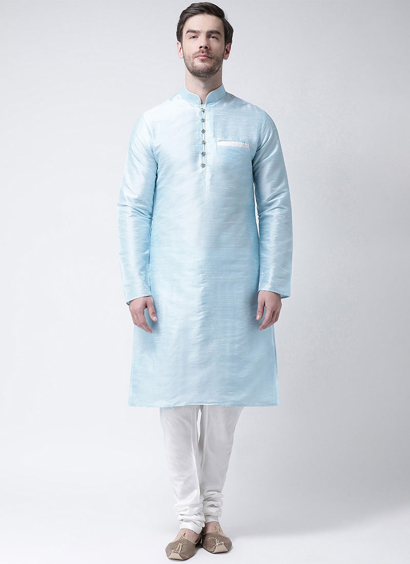 Ice Blue Dupion Silk Ready Made Mens Kurta Pyjama Set