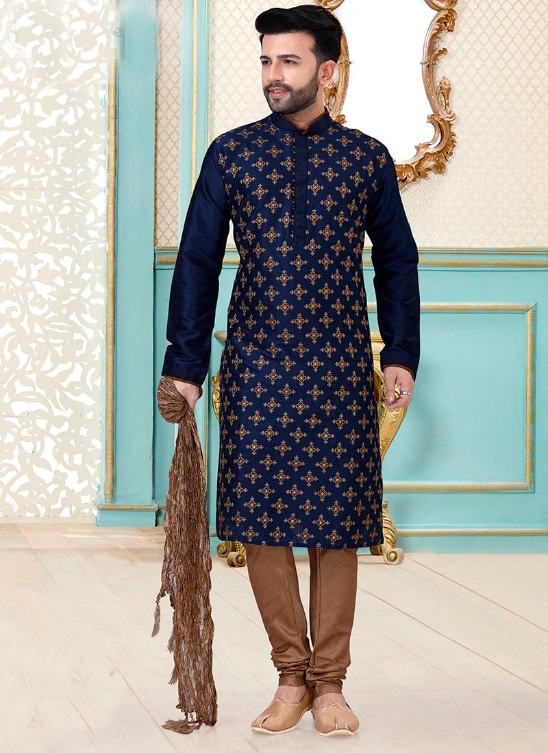 Navy Blue Dupion Silk Embroidered Mens Kurta Set