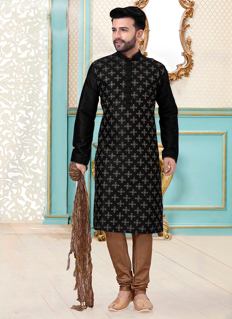 Black Dupion Silk Embroidered Mens Kurta Set