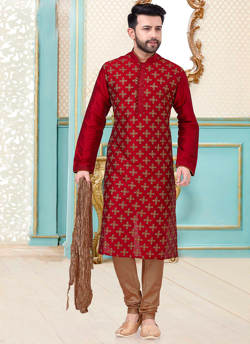 Maroon Dupion Silk Printed Mens Kurta Set