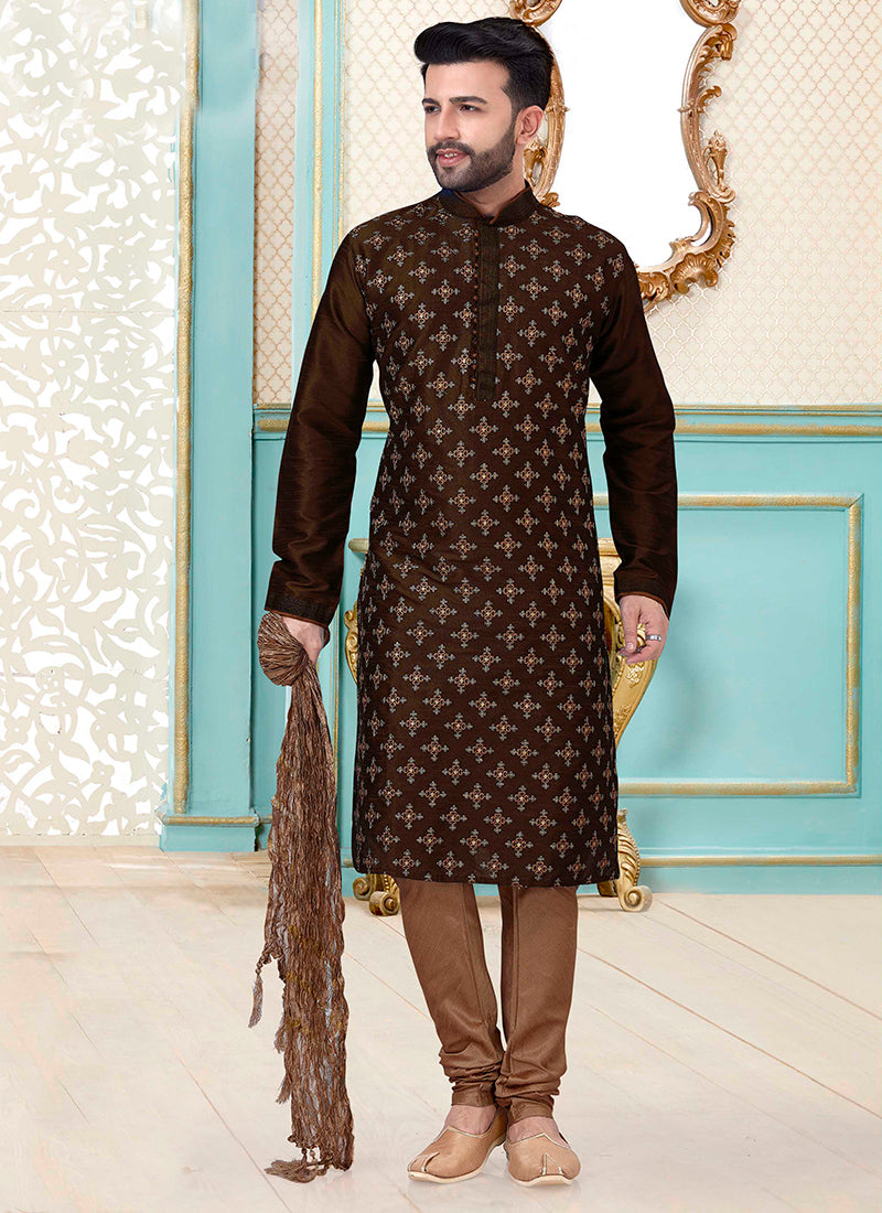 Coffee Brown Dupion Silk Embroidered Mens Kurta Set
