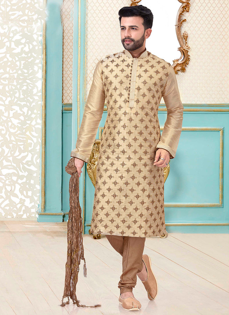 Cream Dupion Silk Printed Mens Kurta Set