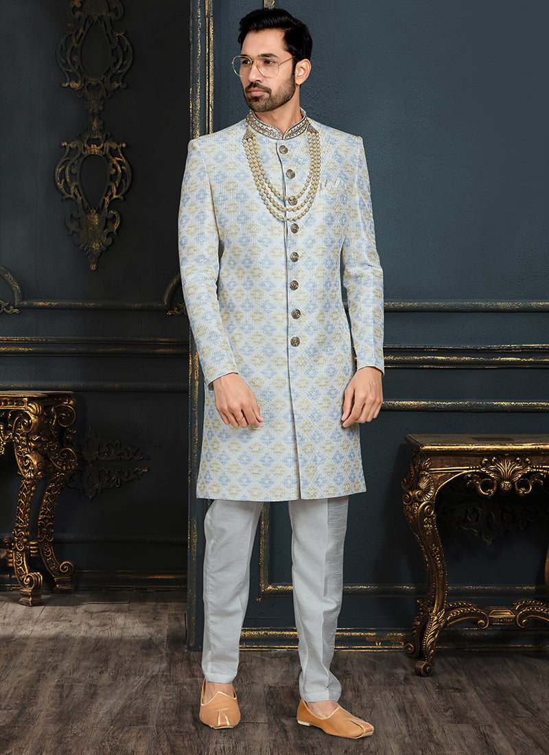 Sky Blue Banarasi Jacquard Sherwani