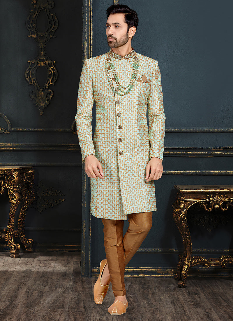 Beige Banarasi Jacquard Sherwani