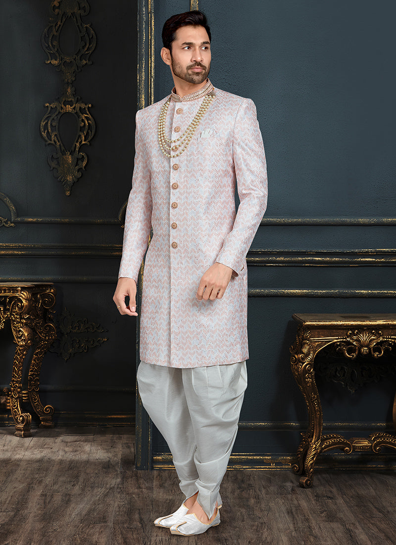 Silver Grey Banarasi Jacquard Sherwani