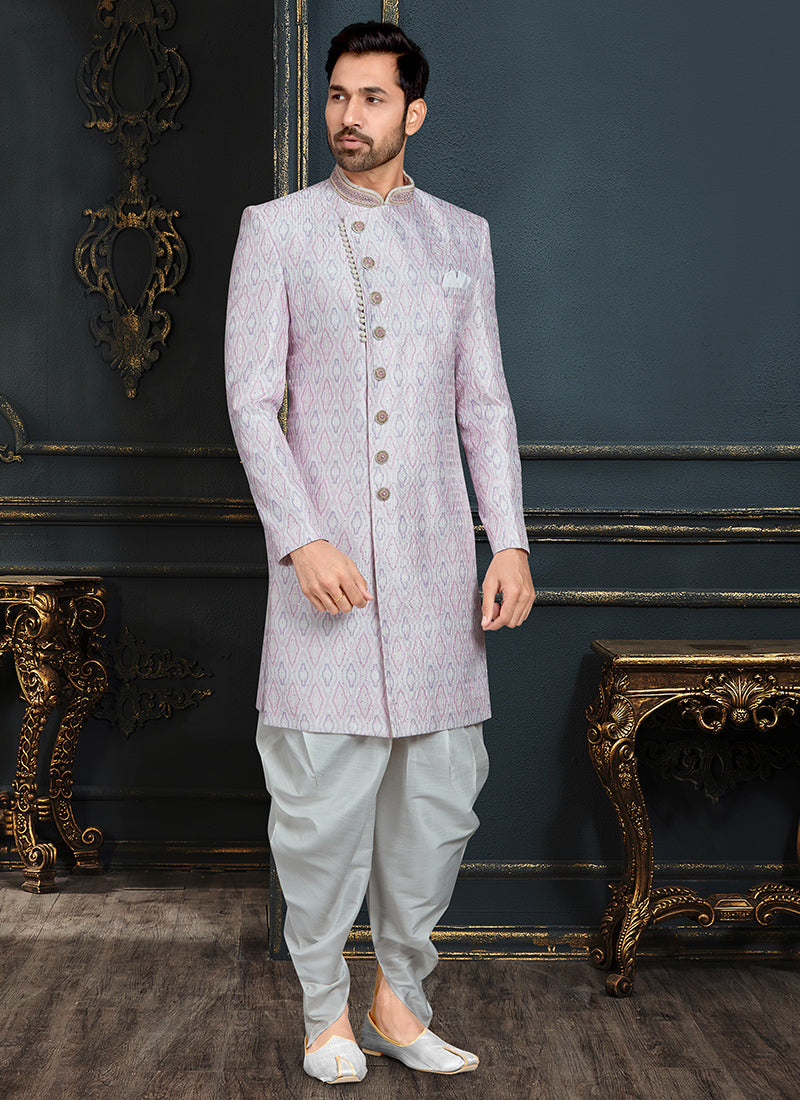Silver Grey Banarasi Jacquard Sherwani