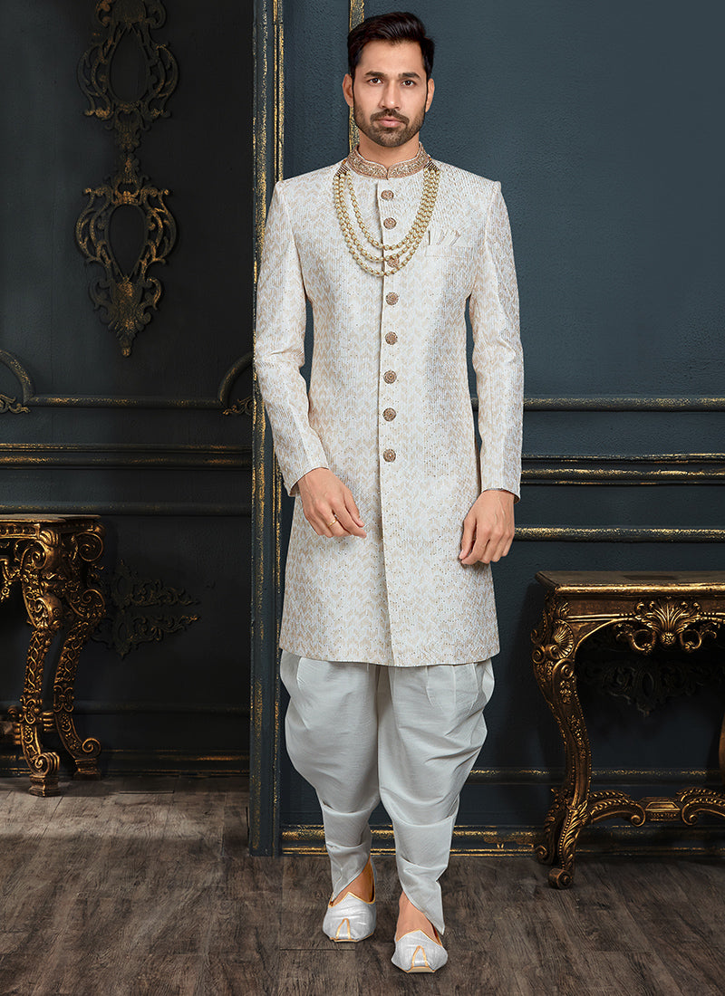 Off White Banarasi Jacquard Sherwani