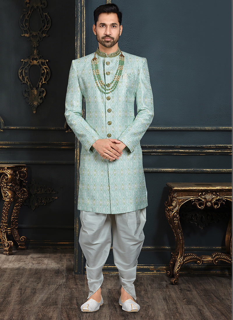 Sky Blue Banarasi Jacquard Sherwani