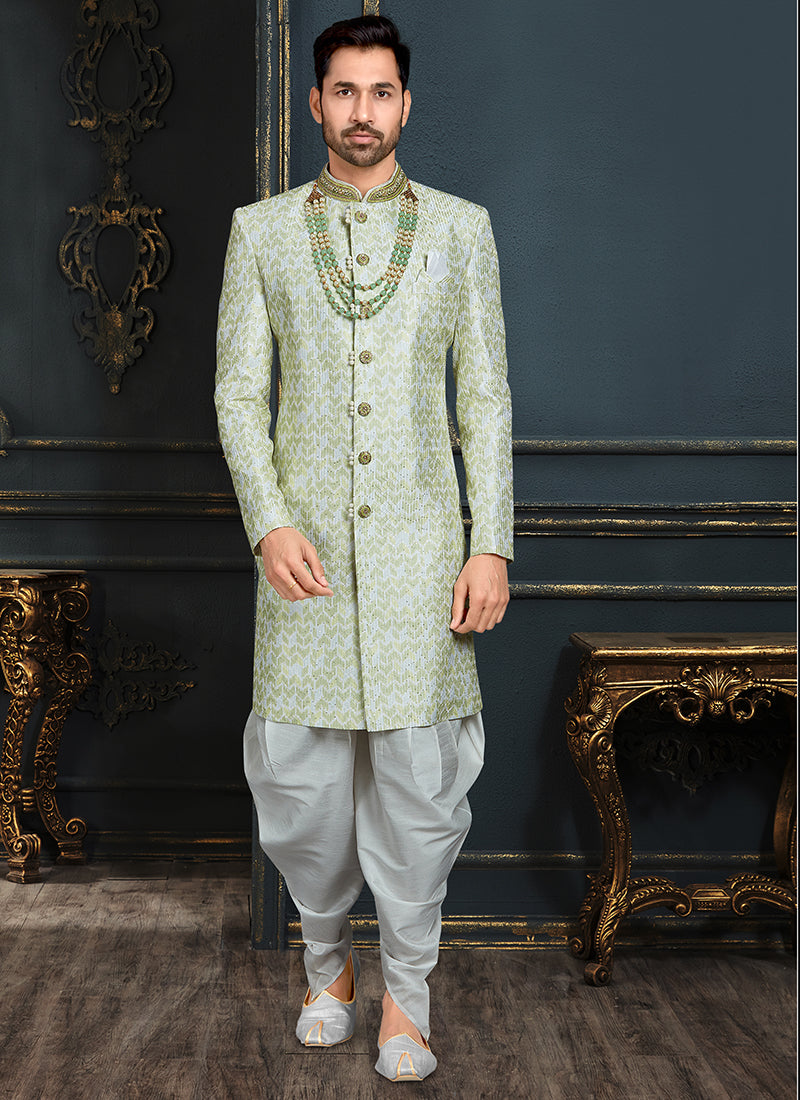 Sea Green Banarasi Jacquard Sherwani