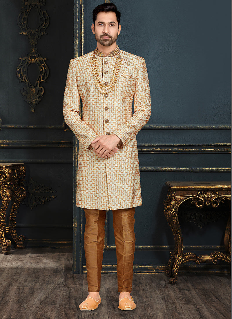 Light Orange Banarasi Jacquard Sherwani