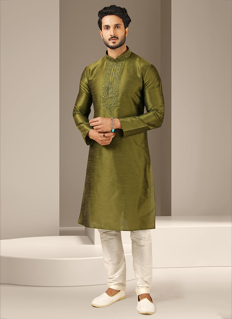 Mehendi Green Banarasi Art Silk Mens Kurta Pyjama Set