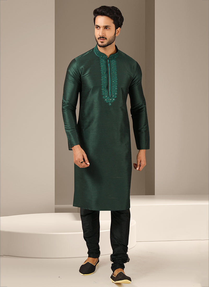 Pine Green Banarasi Art Silk Mens Kurta Pyjama Set