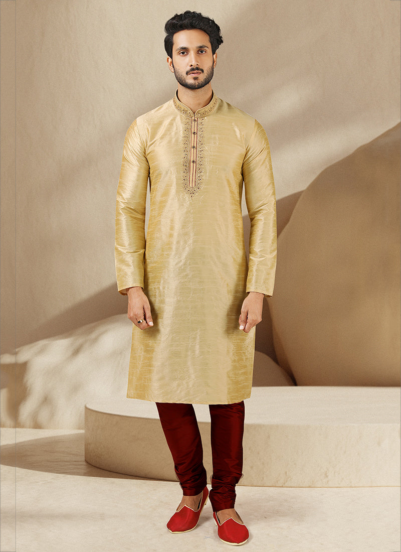 Cream Banarasi Art Silk Embroidered Mens Kurta Set