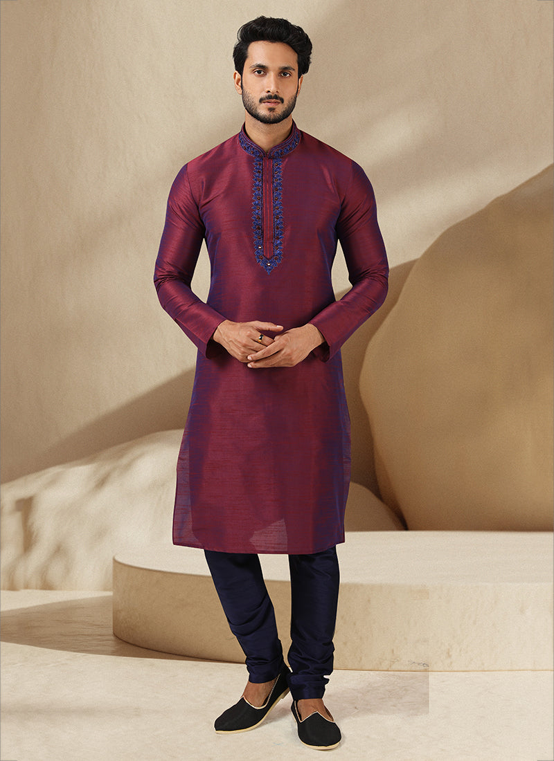 Wine Banarasi Art Silk Embroidered Mens Kurta Set
