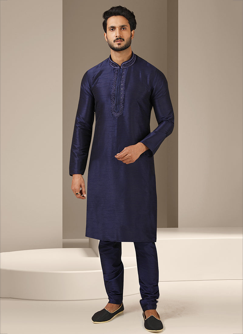 Midnight Blue Banarasi Art Silk Embroidered Mens Kurta Set
