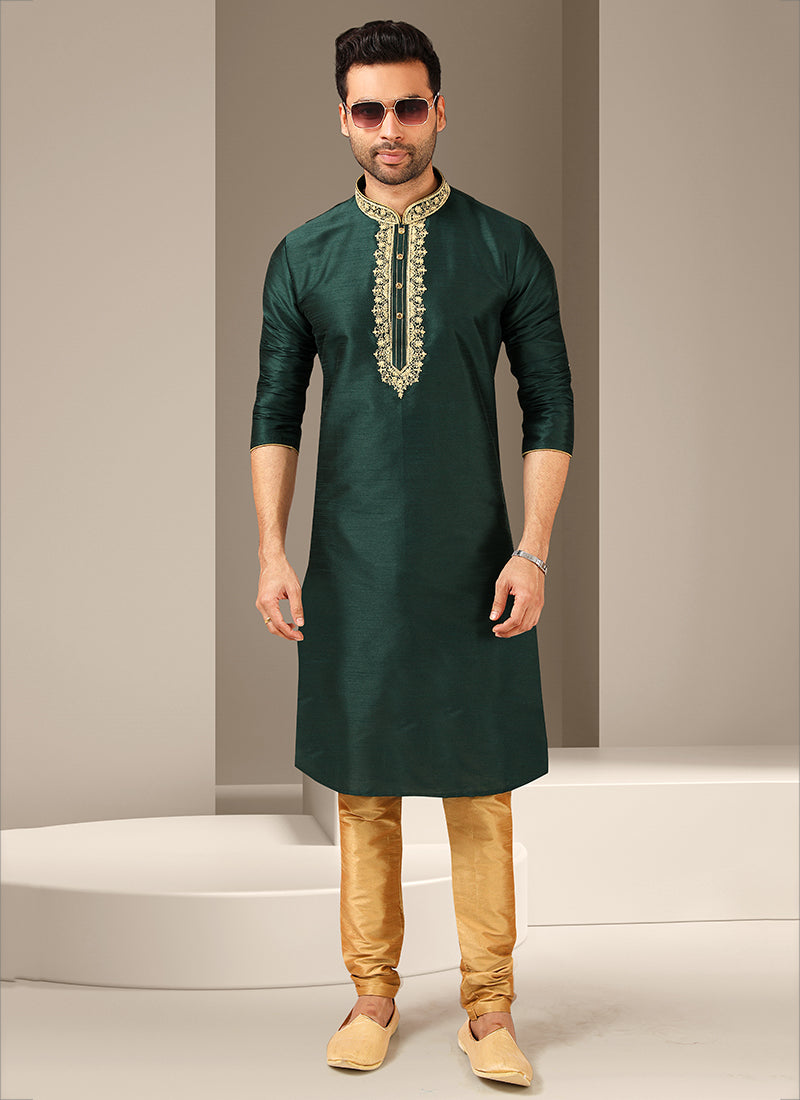 Pine Green Banarasi Art Silk Embroidered Mens Kurta Set