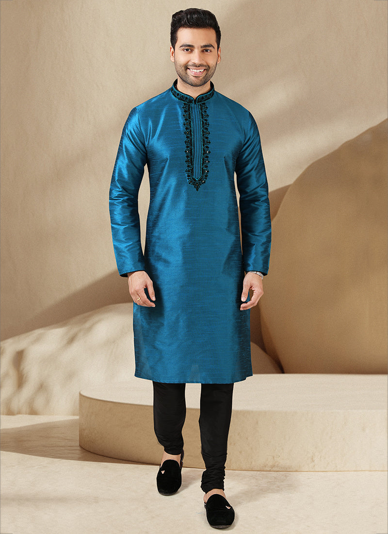 Peacock Blue Banarasi Art Silk Embroidered Mens Kurta Set