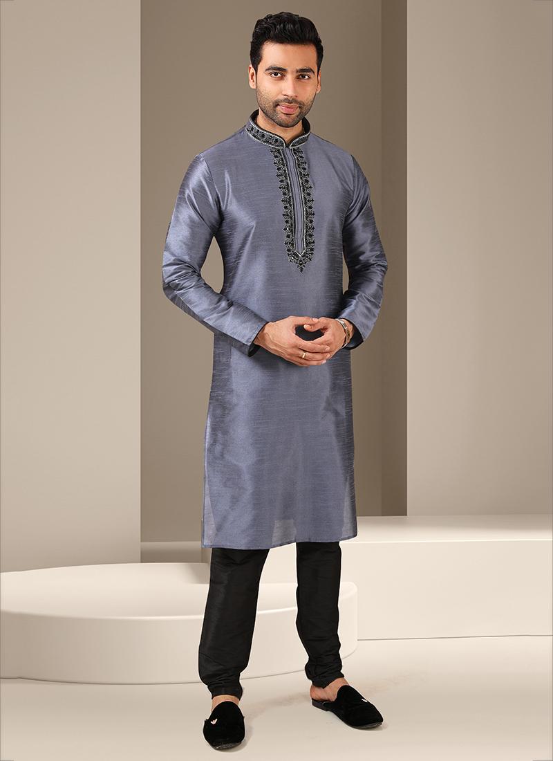 Slate Grey Banarasi Art Silk Embroidered Mens Kurta Set