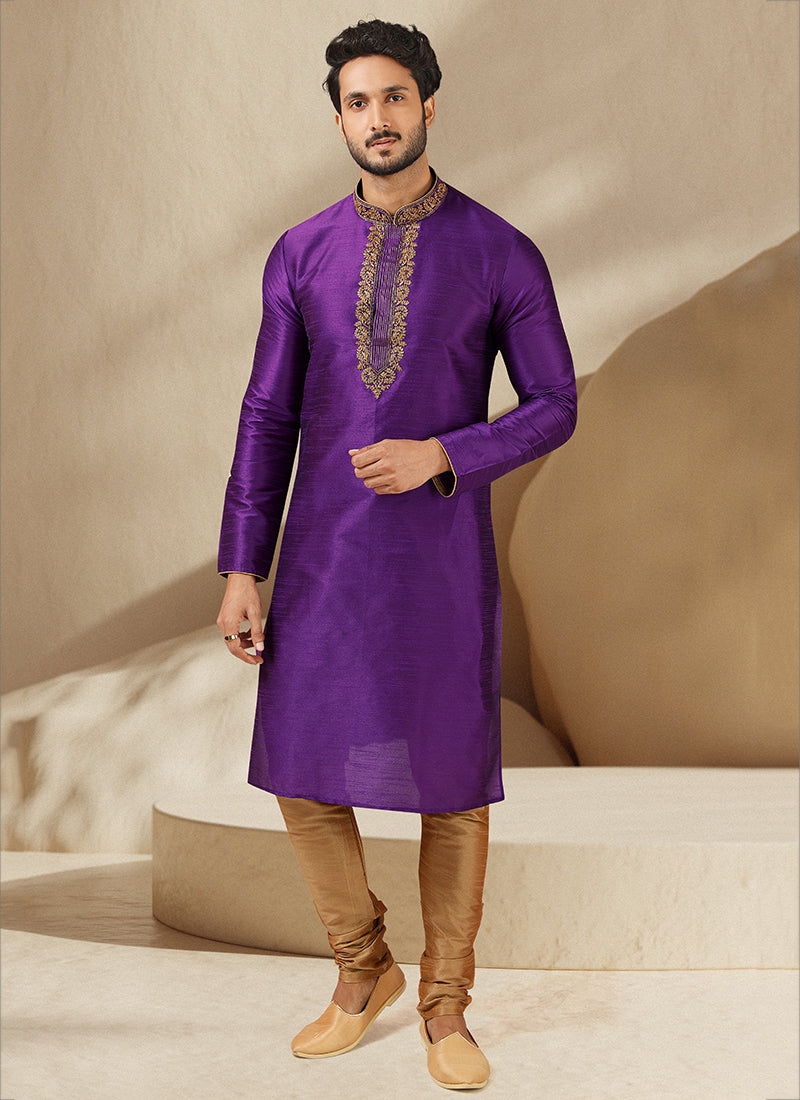 Purple Banarasi Art Silk Embroidered Mens Kurta Set