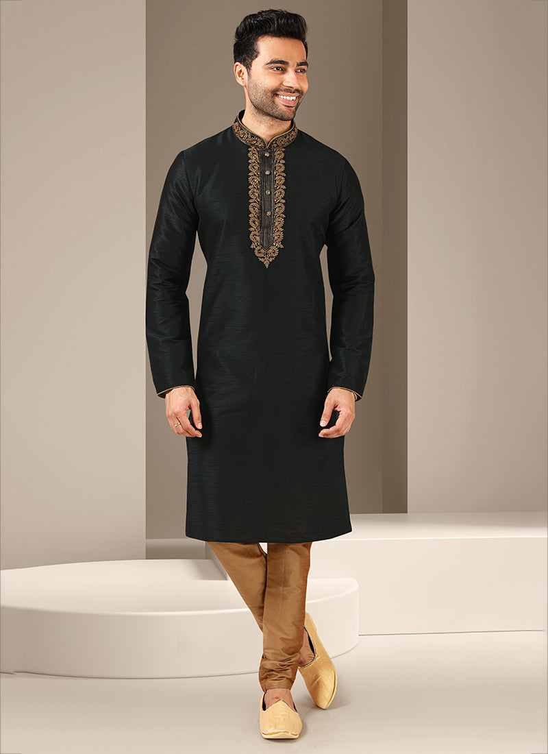 Black Banarasi Art Silk Embroidered Mens Kurta Set