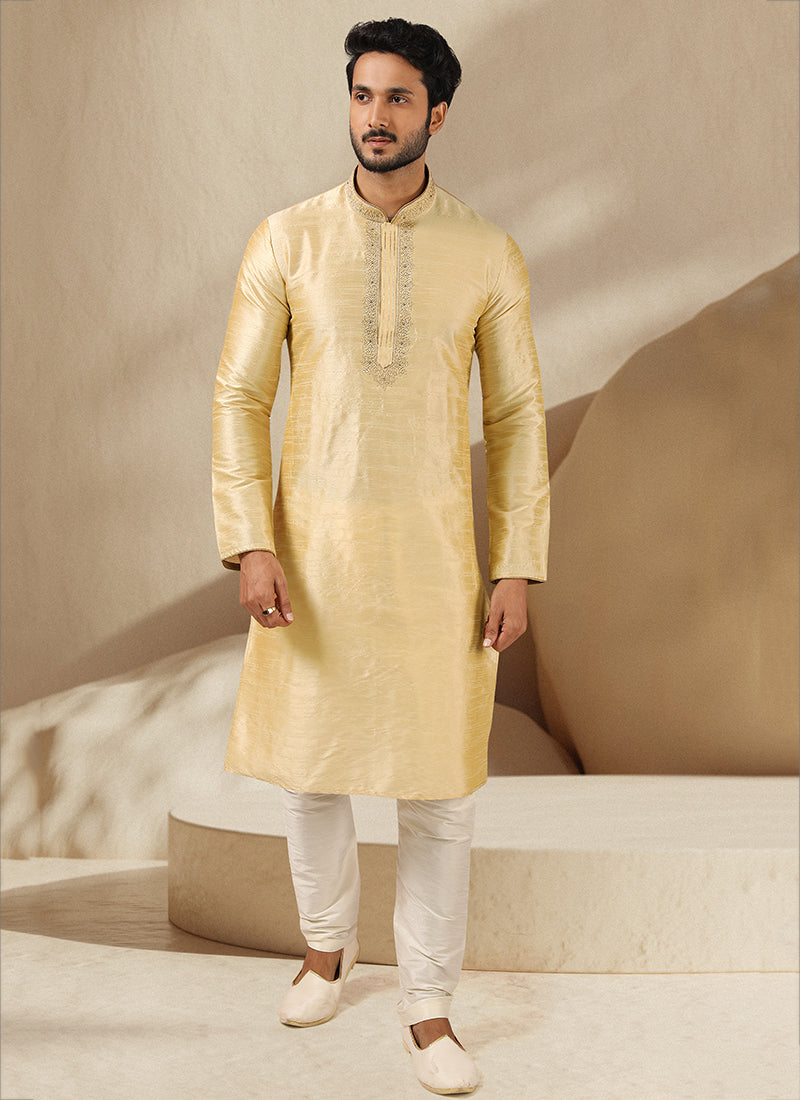 Cream Banarasi Art Silk Embroidered Mens Kurta Set