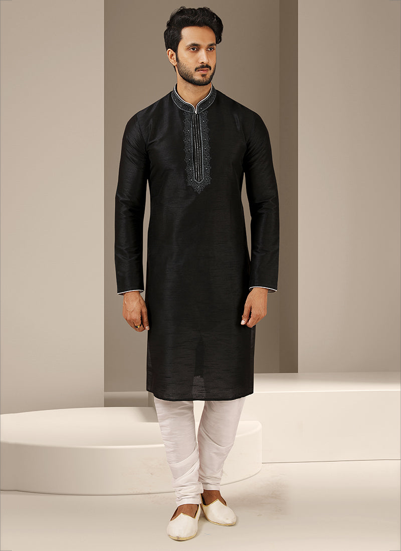 Black Banarasi Art Silk Embroidered Mens Kurta Set