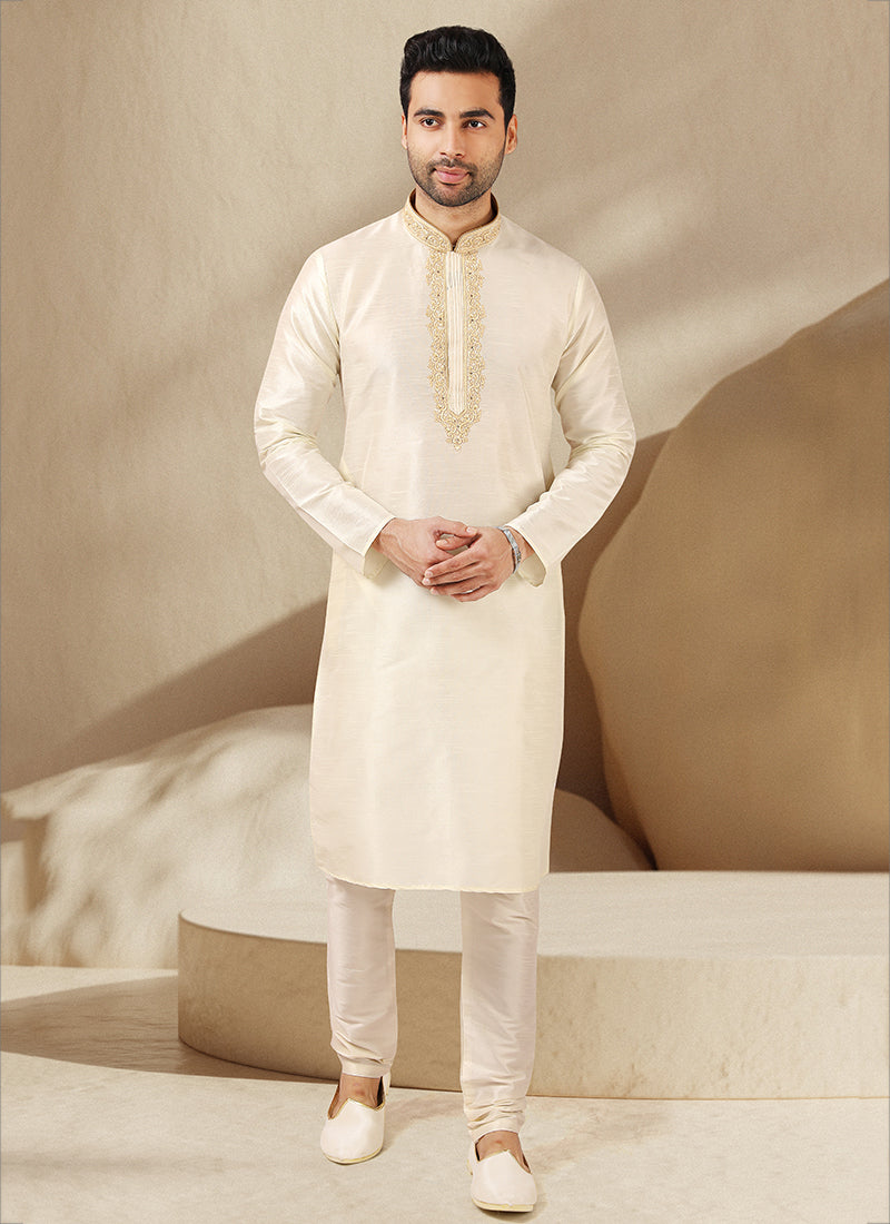 Off White Banarasi Art Silk Embroidered Mens Kurta Set