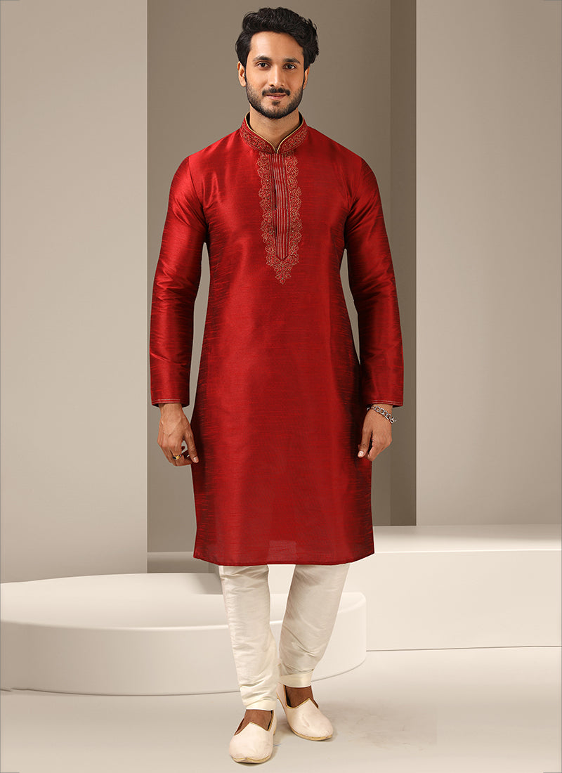 Rust Red Banarasi Art Silk Embroidered Mens Kurta Set