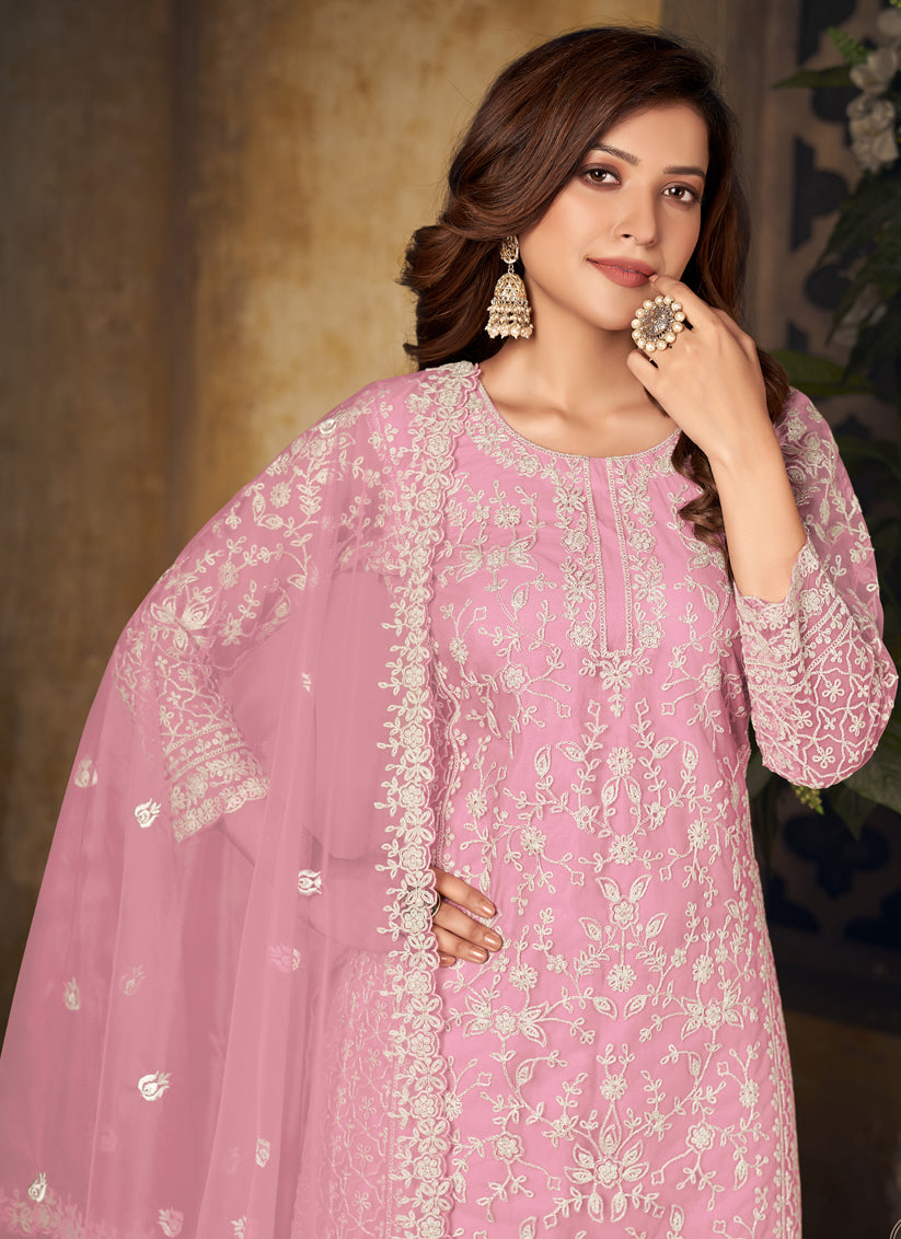 Rose Pink Net Embroidered Designer Palazzo Kameez