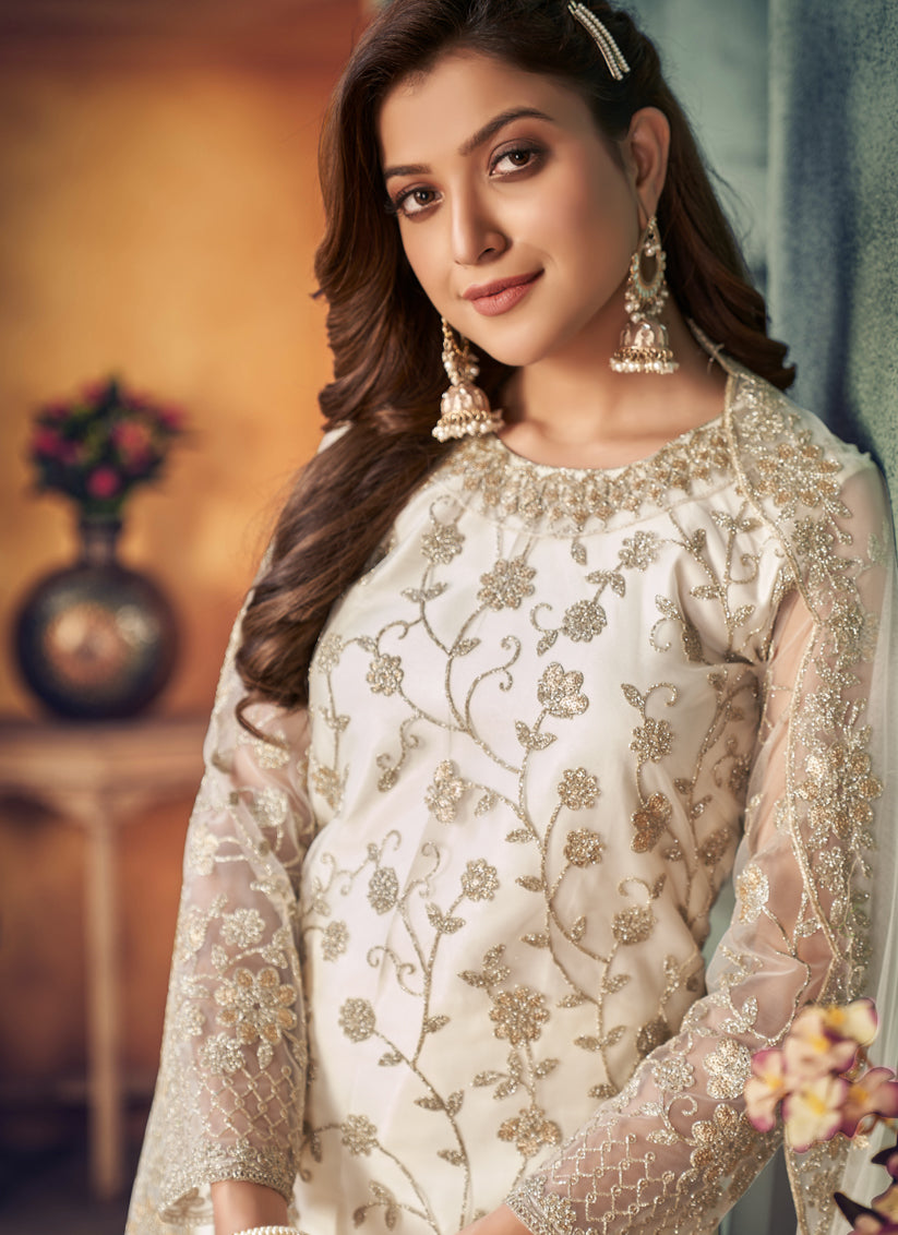 Pearl White Net Embroidered Designer Trouser Kameez