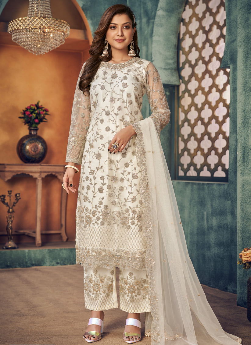 Pearl White Net Embroidered Designer Trouser Kameez