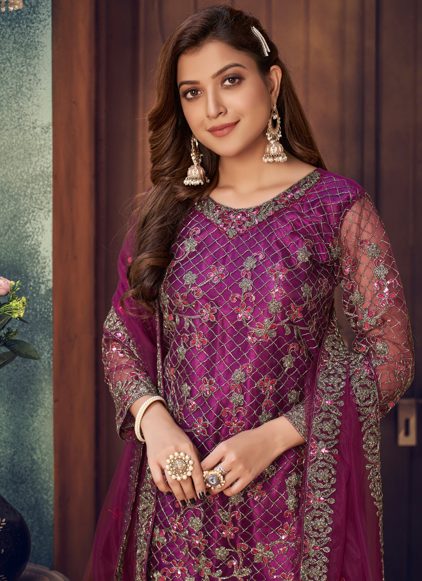 Magenta Net Embroidered Designer Trouser Kameez