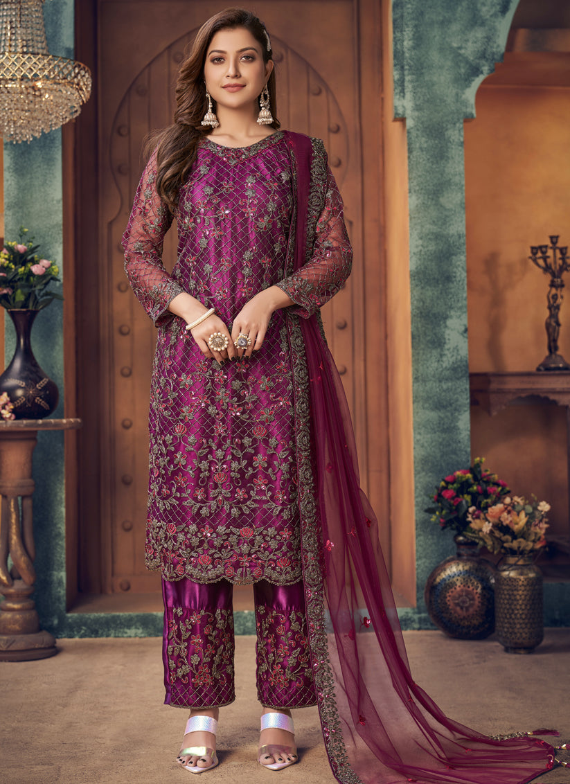 Magenta Net Embroidered Designer Trouser Kameez