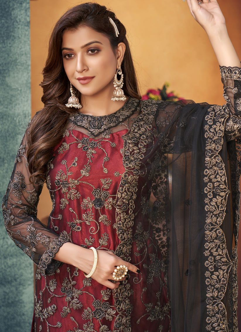 Maroon and Black Net Embroidered Designer Trouser Kameez