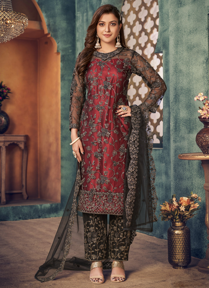Maroon and Black Net Embroidered Designer Trouser Kameez