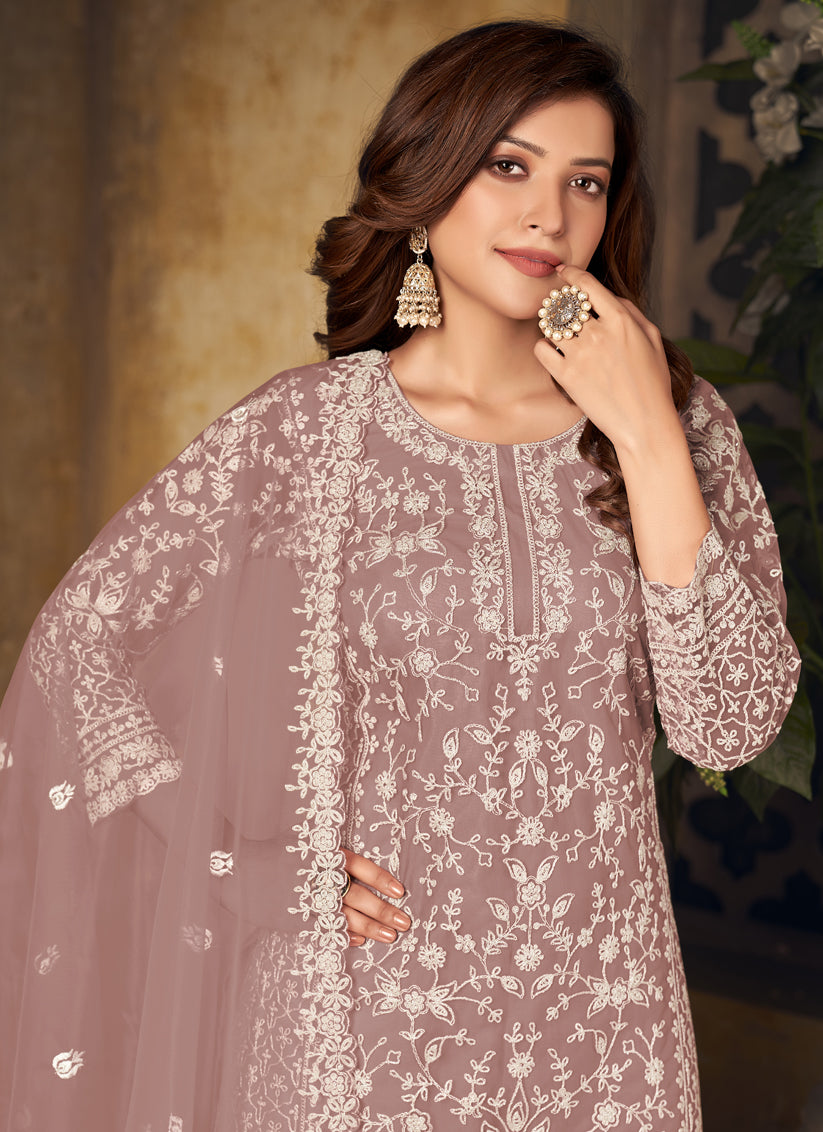 Rose Gold Net Embroidered Designer Palazzo Kameez