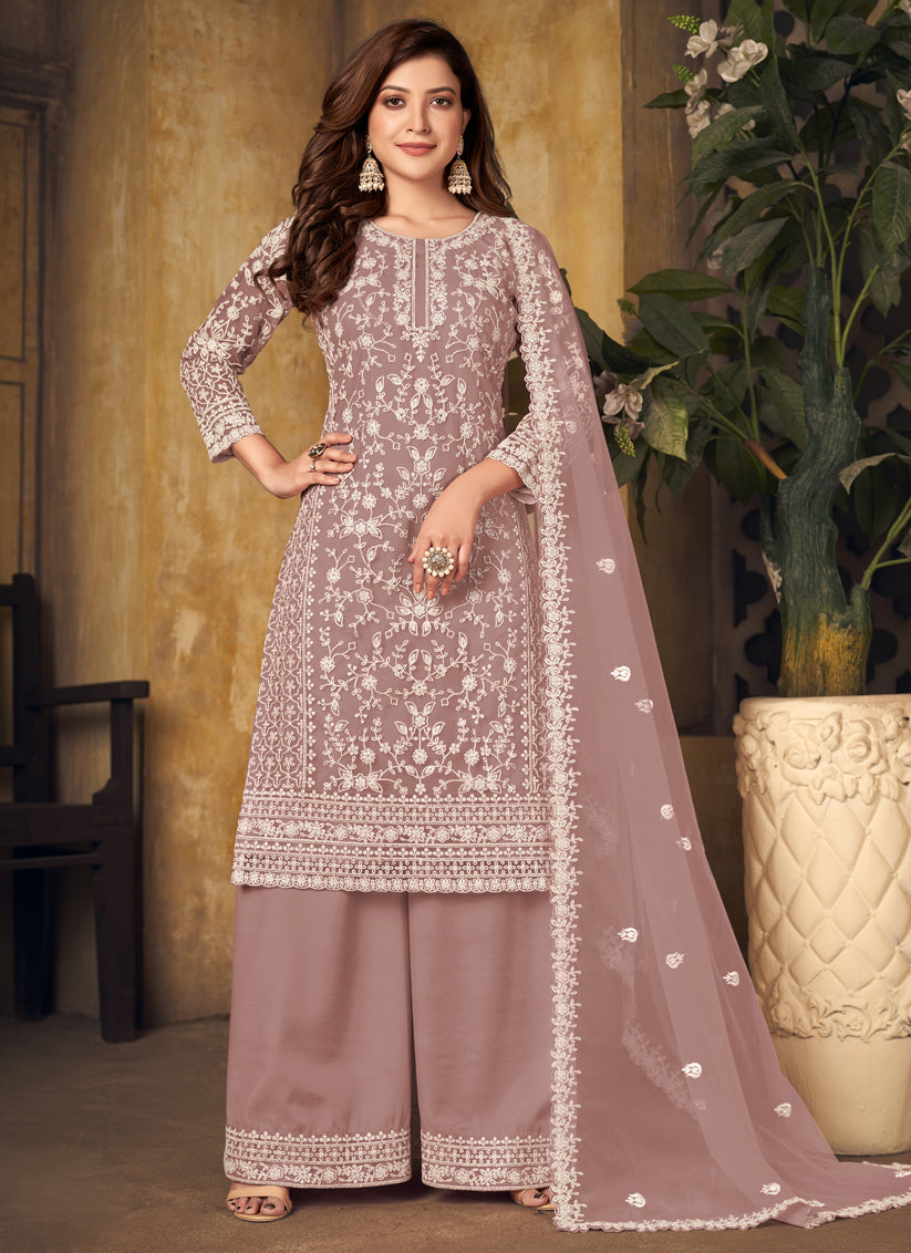 Rose Gold Net Embroidered Designer Palazzo Kameez