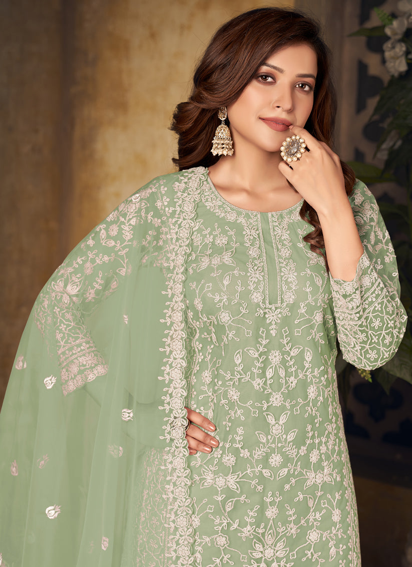 Mint Green Net Embroidered Designer Palazzo Kameez