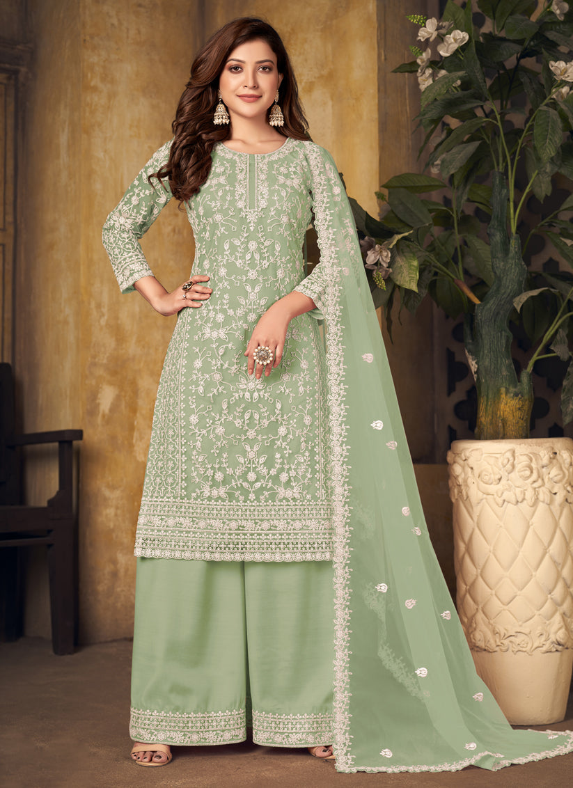 Mint Green Net Embroidered Designer Palazzo Kameez